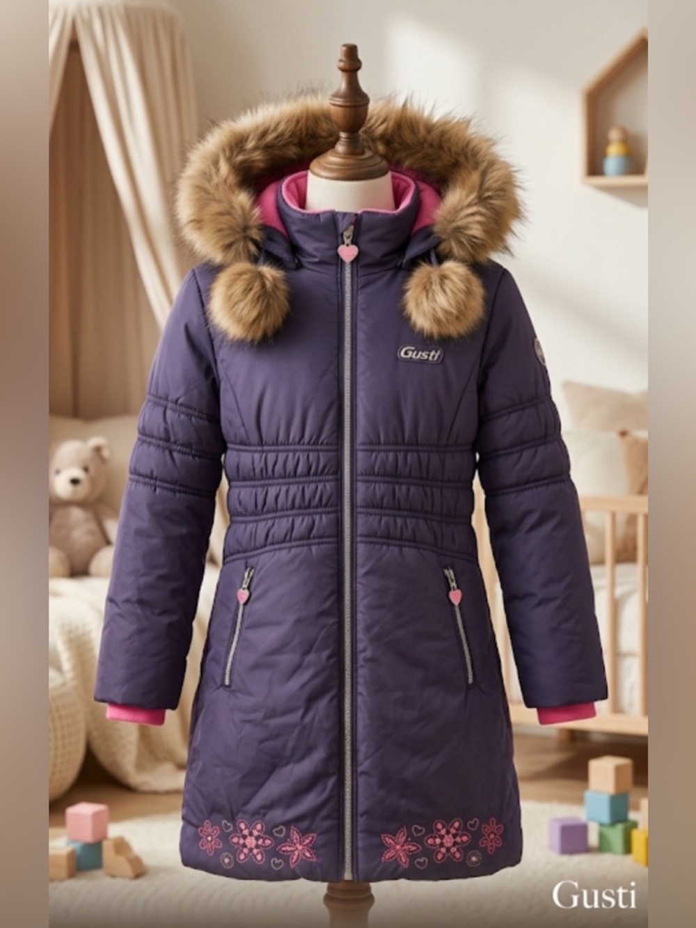 Gusti Kids Purple Puffer Coat with Pink Details